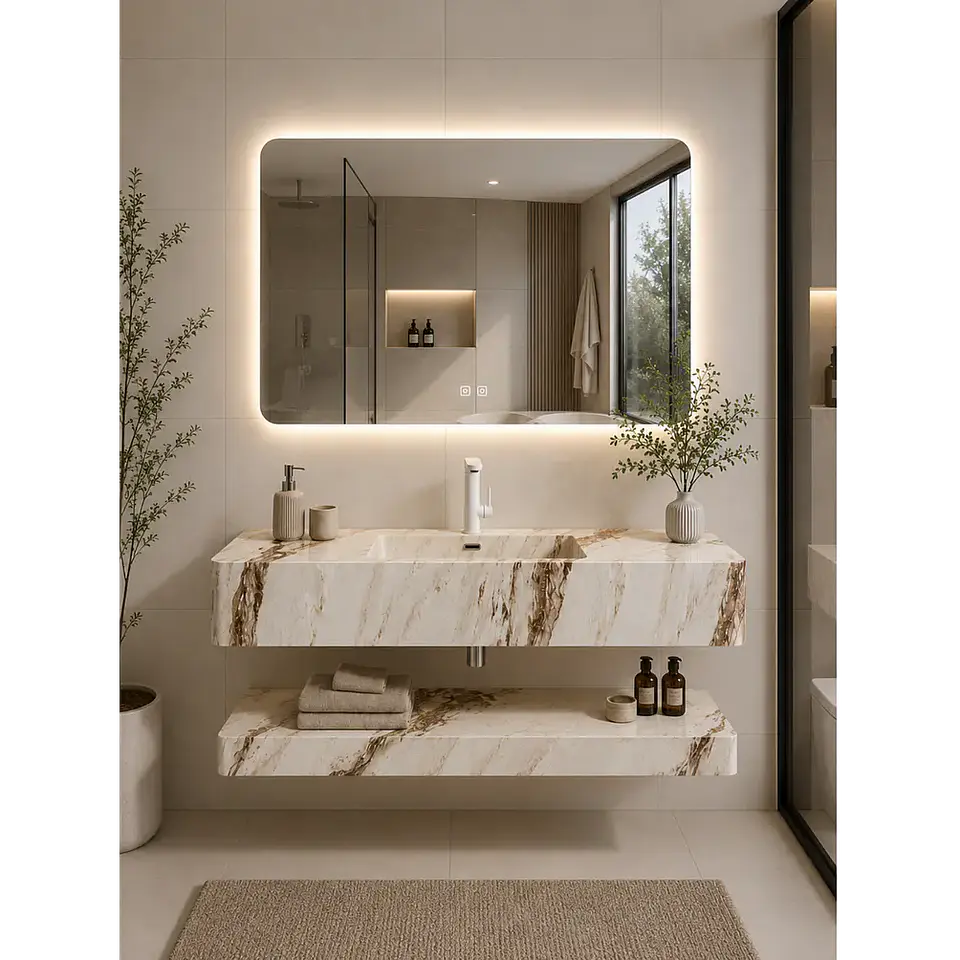 Vanitorio Flotante con Espejo LED | Lavamanos Integrado | Diseño Mármol Blanco 1