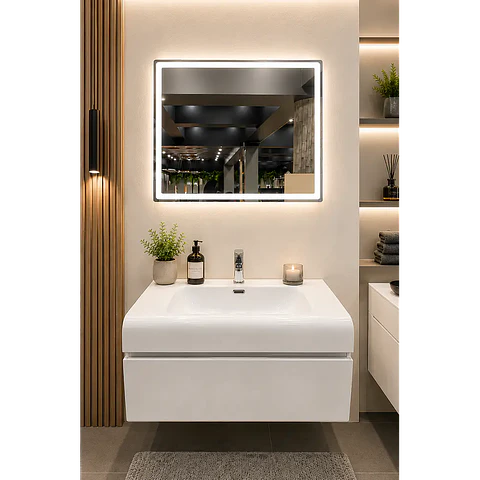Vanitorio Flotante Completo Blanco 80 cm Con Espejo LED