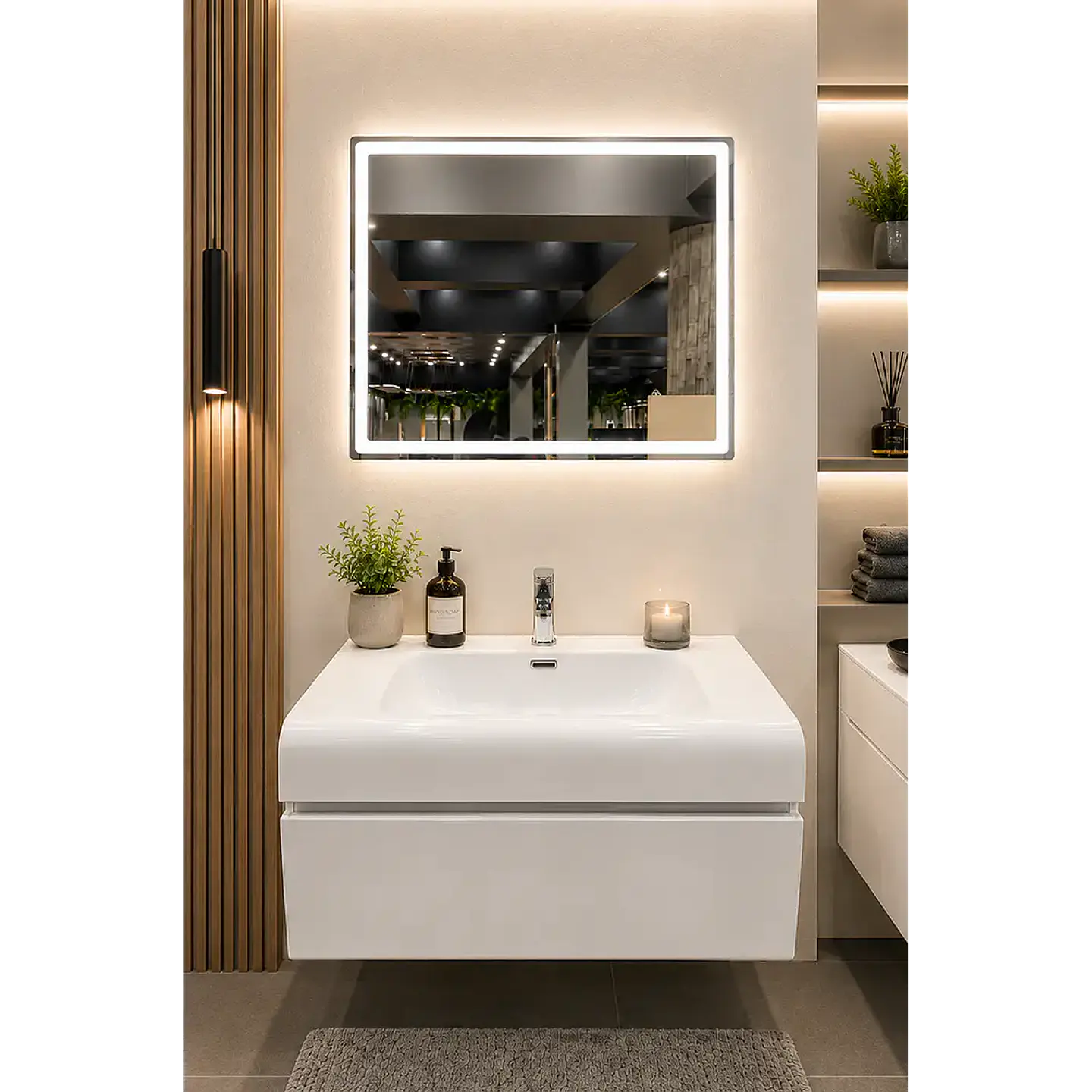 Vanitorio Flotante Completo Blanco 80 cm Con Espejo LED 1