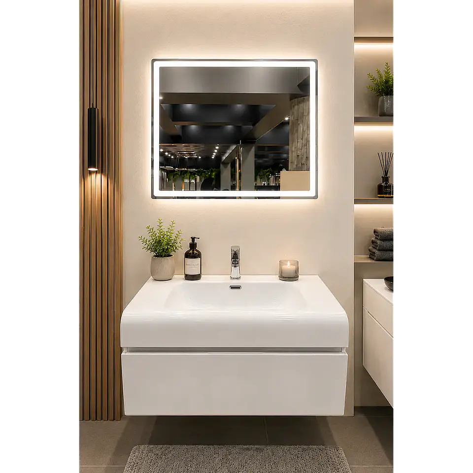 Vanitorio Flotante Completo Blanco 80 cm Con Espejo LED 1