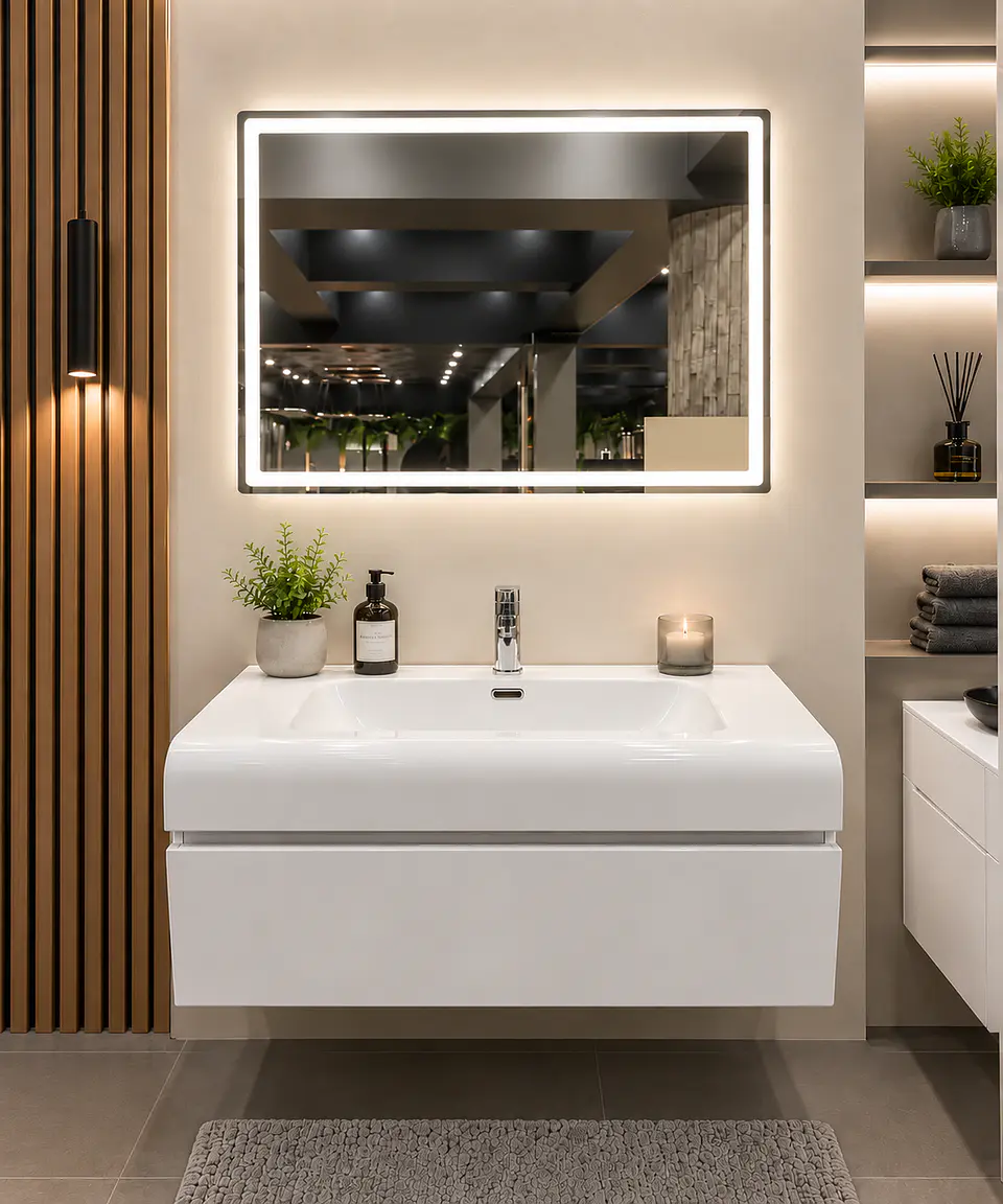 Vanitorio Flotante Completo Blanco 80 cm Con Espejo LED 2