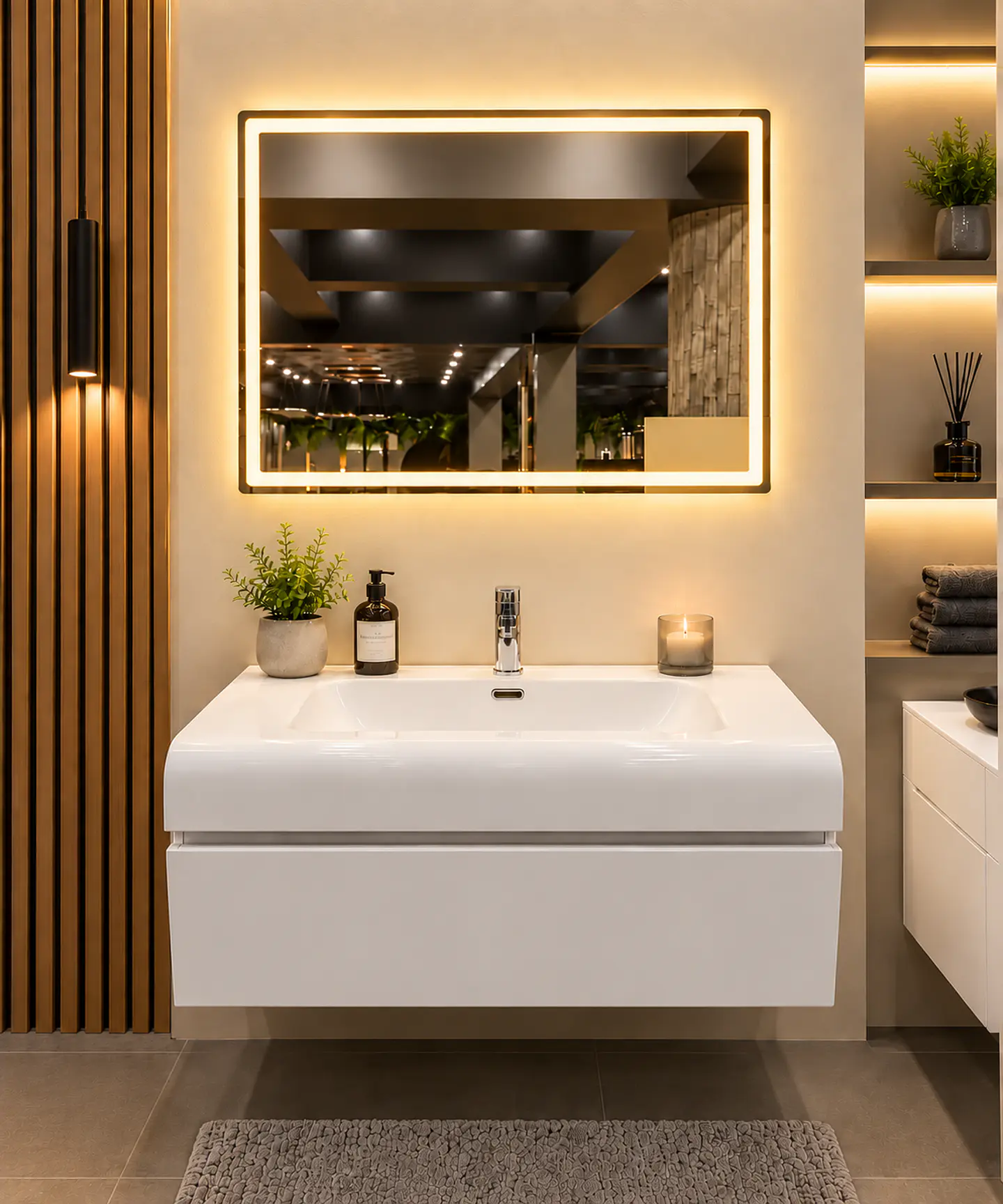 Vanitorio Flotante Completo Blanco 80 cm Con Espejo LED 3