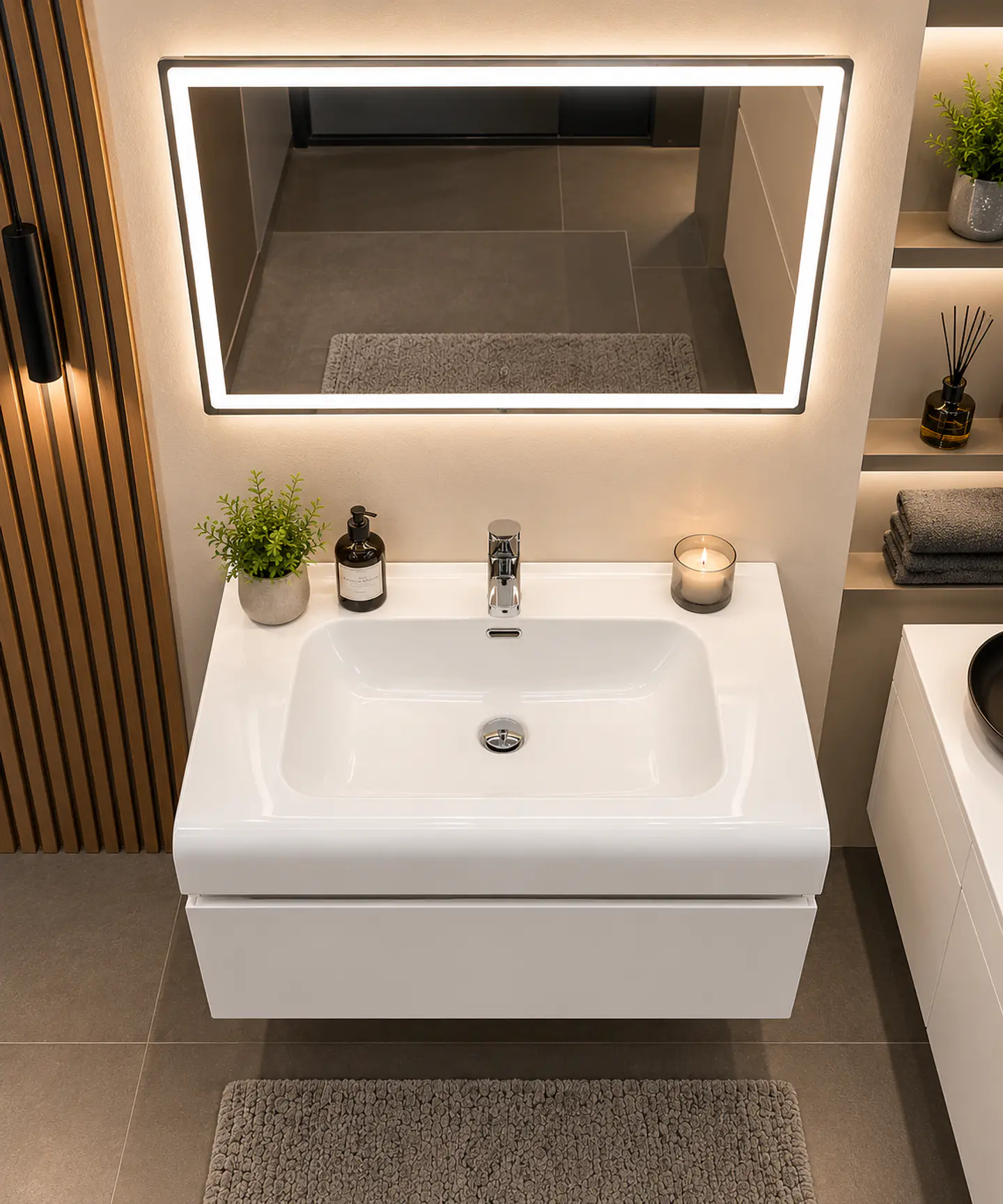 Vanitorio Flotante Completo Blanco 80 cm Con Espejo LED 4
