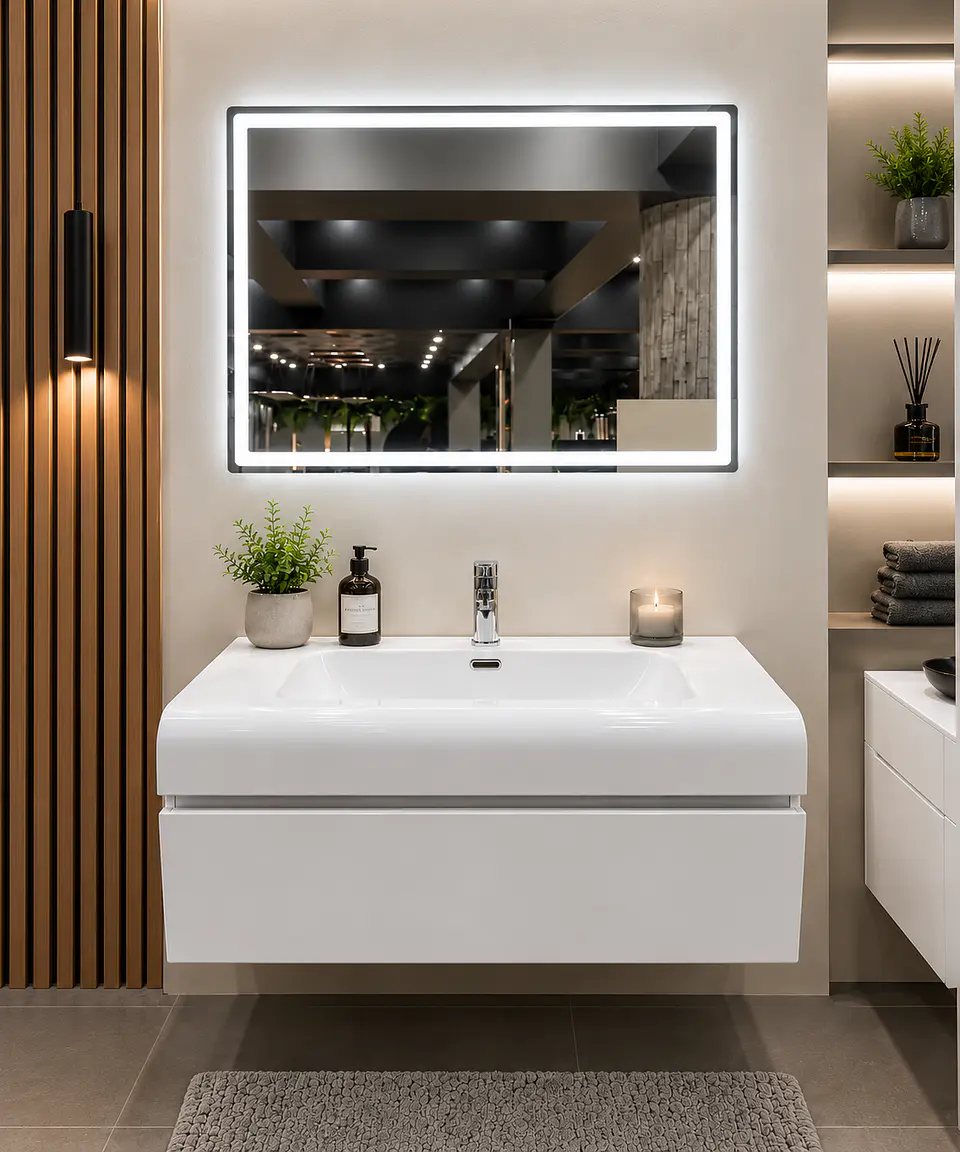Vanitorio Flotante Completo Blanco 80 cm Con Espejo LED 5