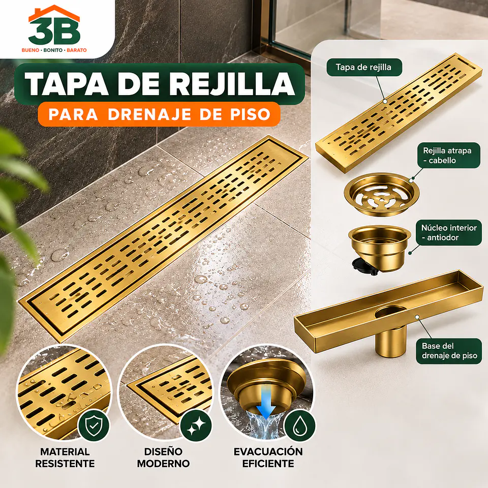 Rejilla de Desagüe para Ducha Dorada de Acero Inoxidable Premium 60CM 2