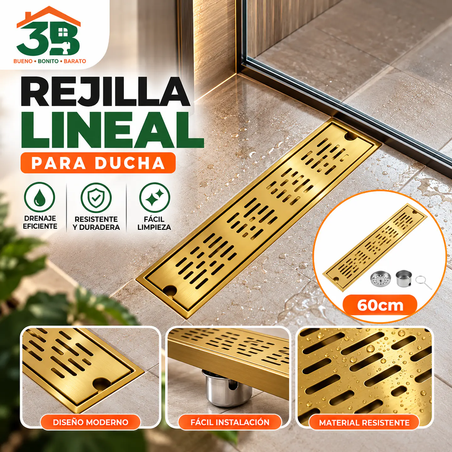 Rejilla de Desagüe para Ducha Dorada de Acero Inoxidable Premium 60CM 1