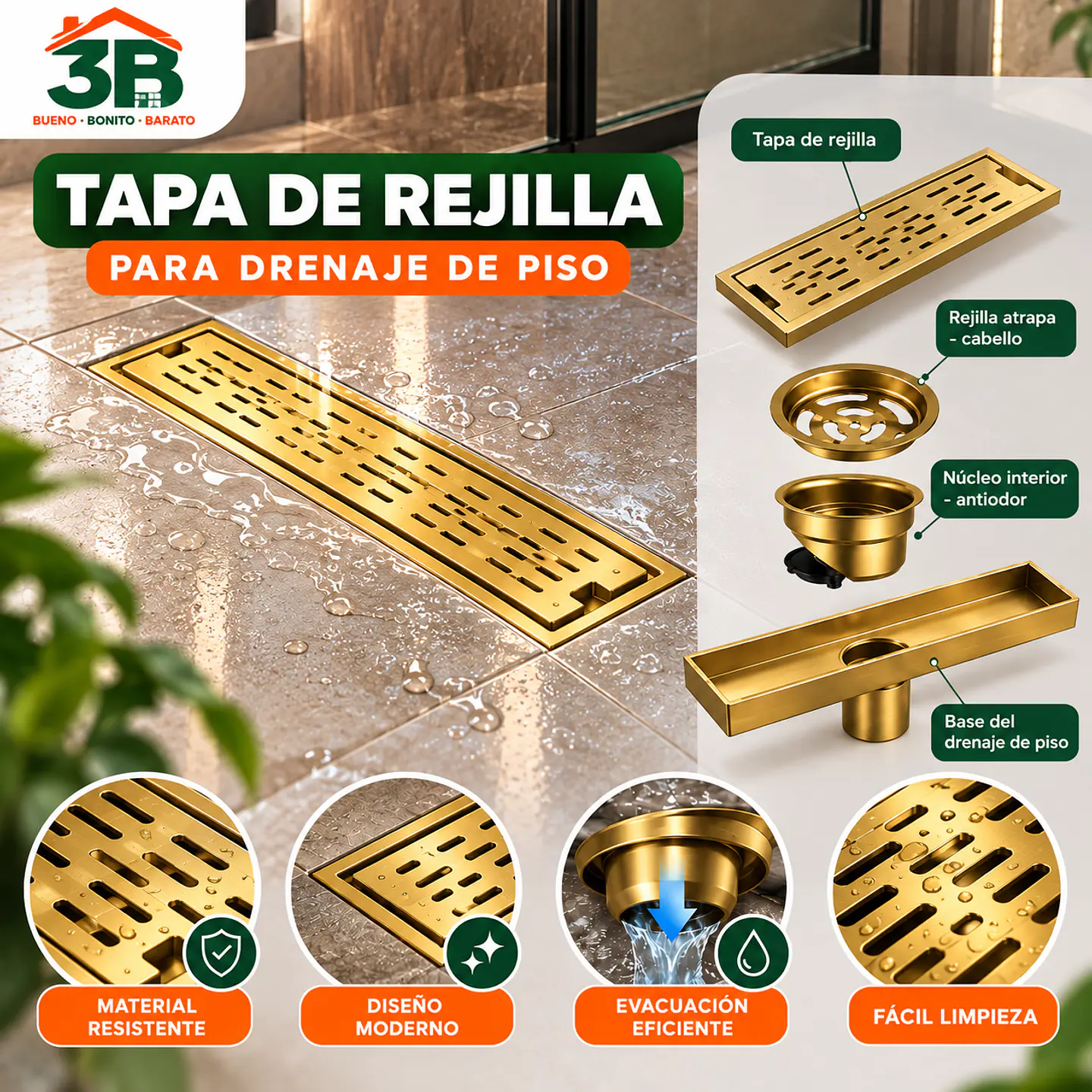 Rejilla de Desagüe para Ducha Dorada de Acero Inoxidable Premium 50CM 1