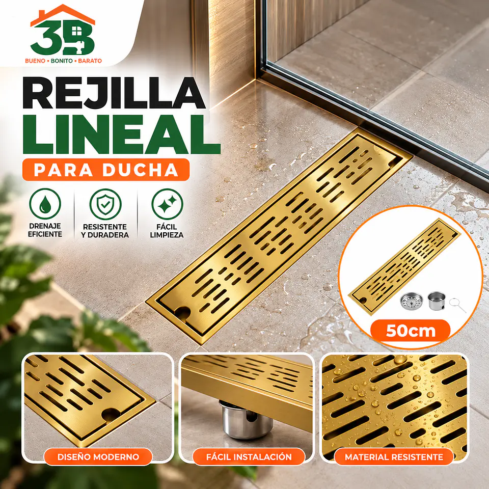 Rejilla de Desagüe para Ducha Dorada de Acero Inoxidable Premium 50CM 2