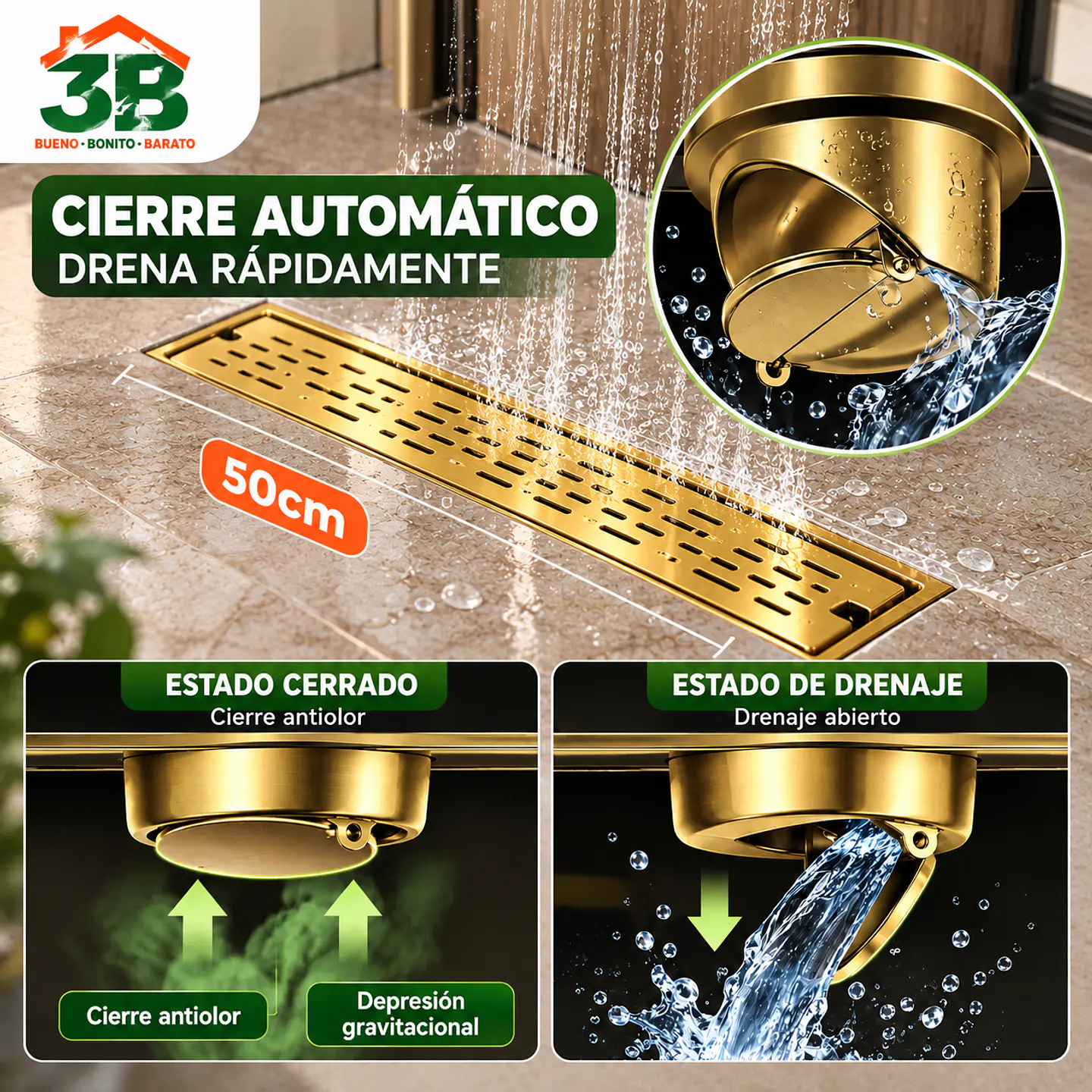 Rejilla de Desagüe para Ducha Dorada de Acero Inoxidable Premium 50CM 3