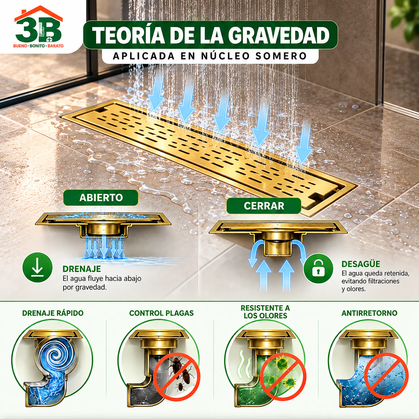 Rejilla de Desagüe para Ducha Dorada de Acero Inoxidable Premium 50CM 4