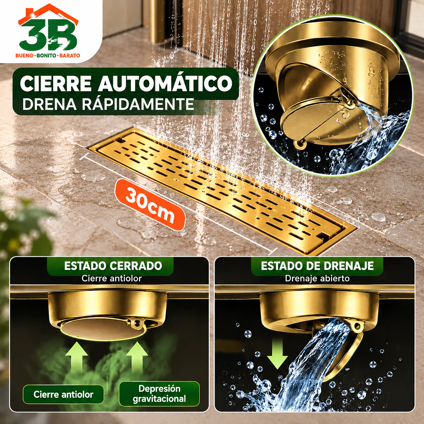 Rejilla de Desagüe para Ducha Dorada de Acero Inoxidable Premium 30CM 3