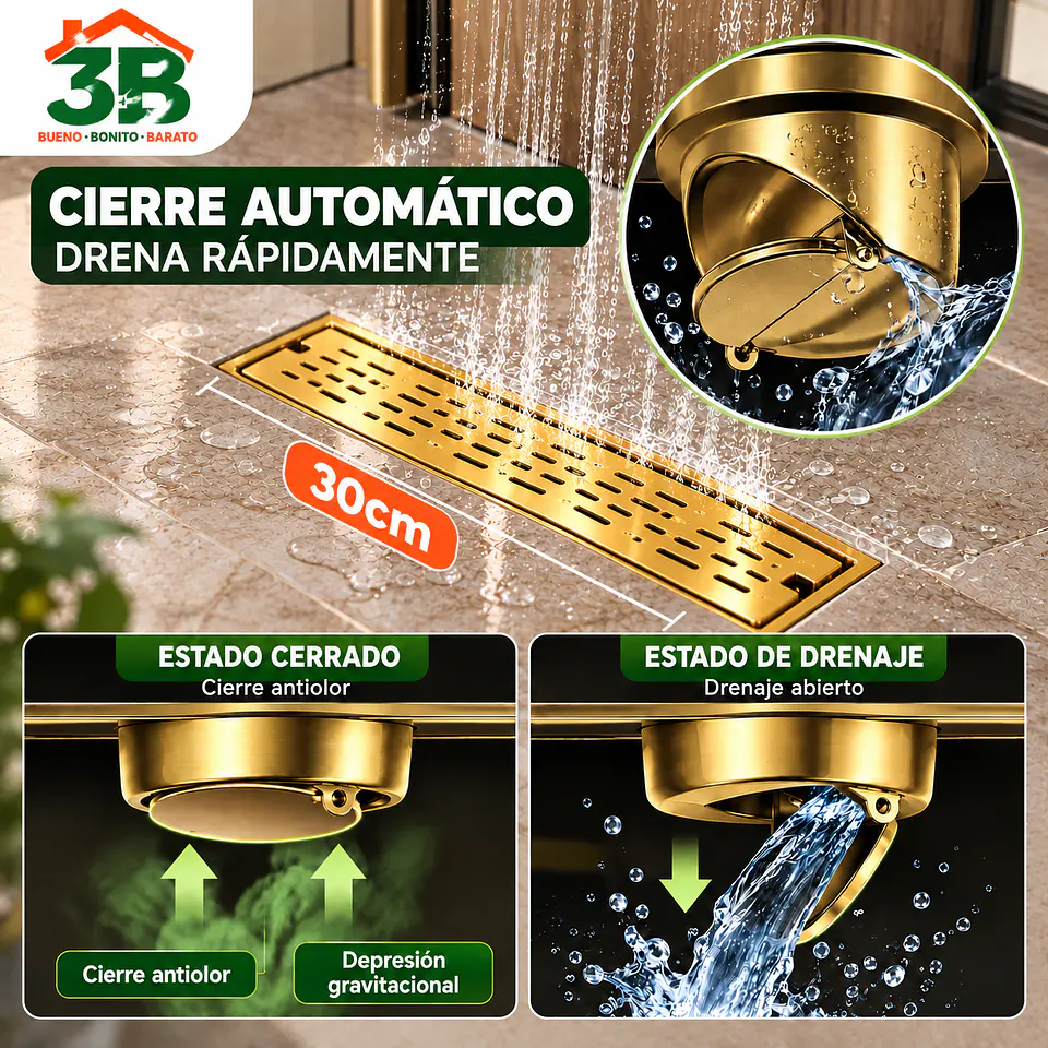 Rejilla de Desagüe para Ducha Dorada de Acero Inoxidable Premium 30CM 3