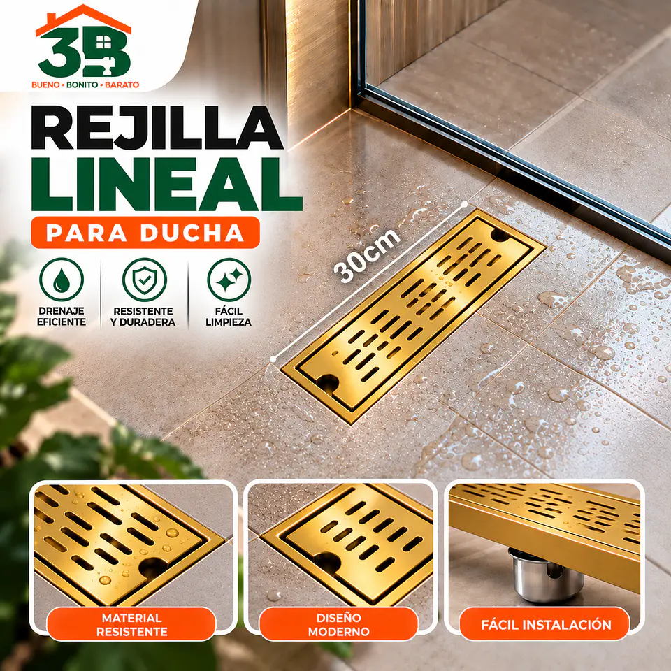 Rejilla de Desagüe para Ducha Dorada de Acero Inoxidable Premium 30CM 4
