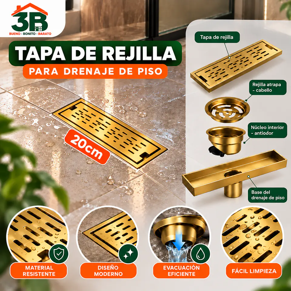 Rejilla de Desagüe para Ducha Dorada de Acero Inoxidable Premium 20CM 2