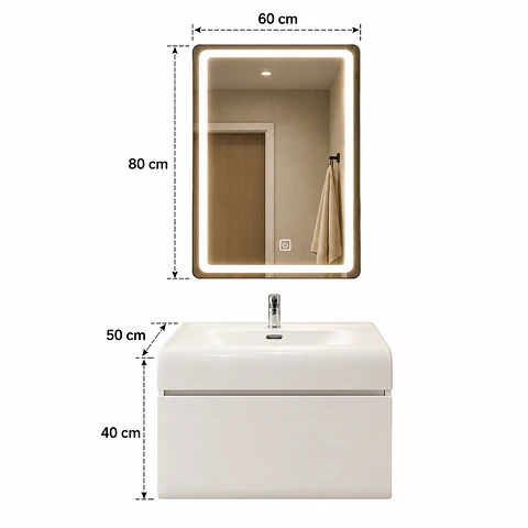 Vanitorio Flotante Completo Blanco 60 cm Con Espejo LED
