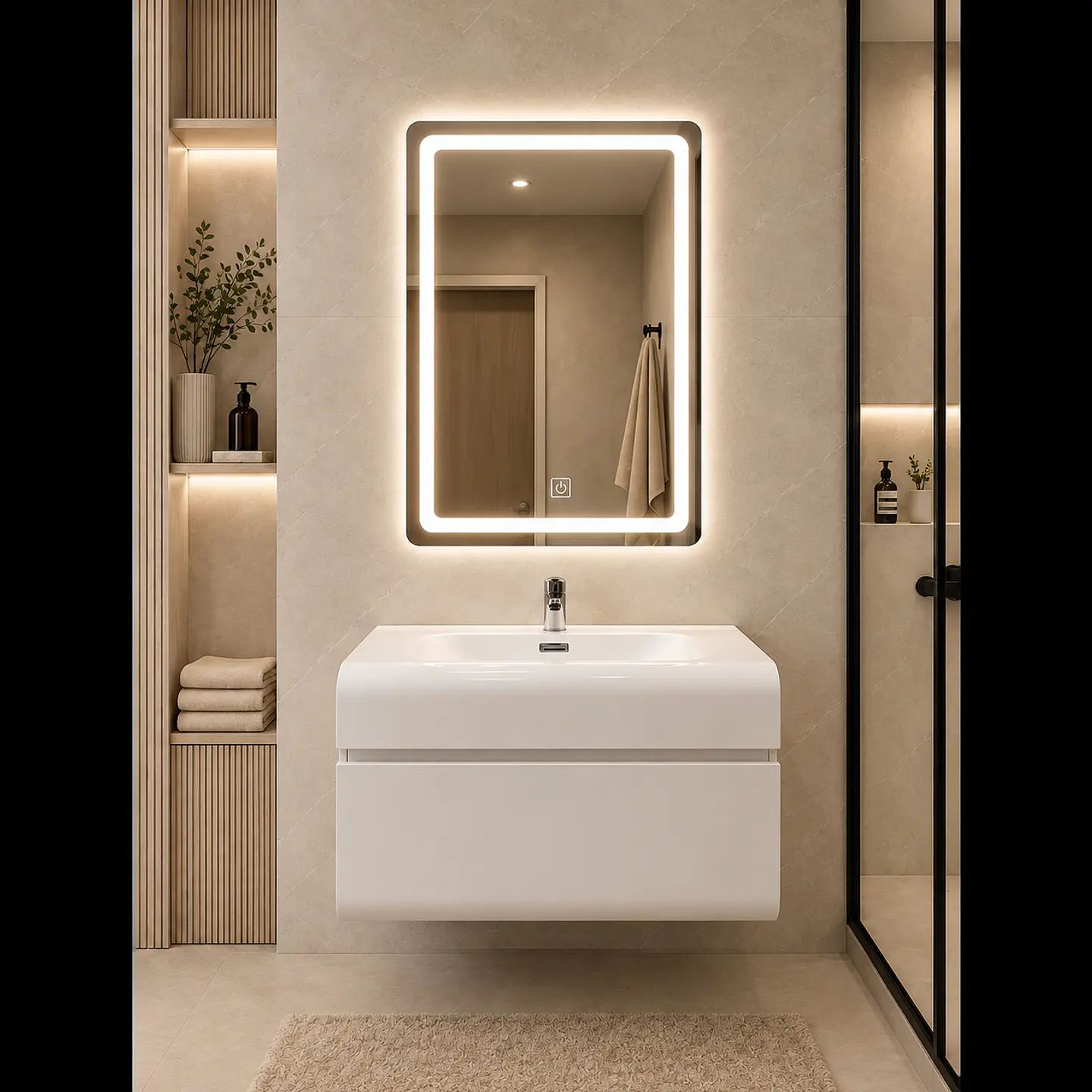 Vanitorio Flotante Completo Blanco 60 cm Con Espejo LED 2