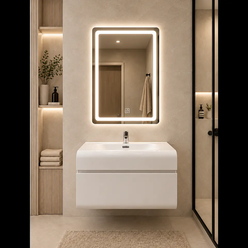 Vanitorio Flotante Completo Blanco 60 cm Con Espejo LED 2