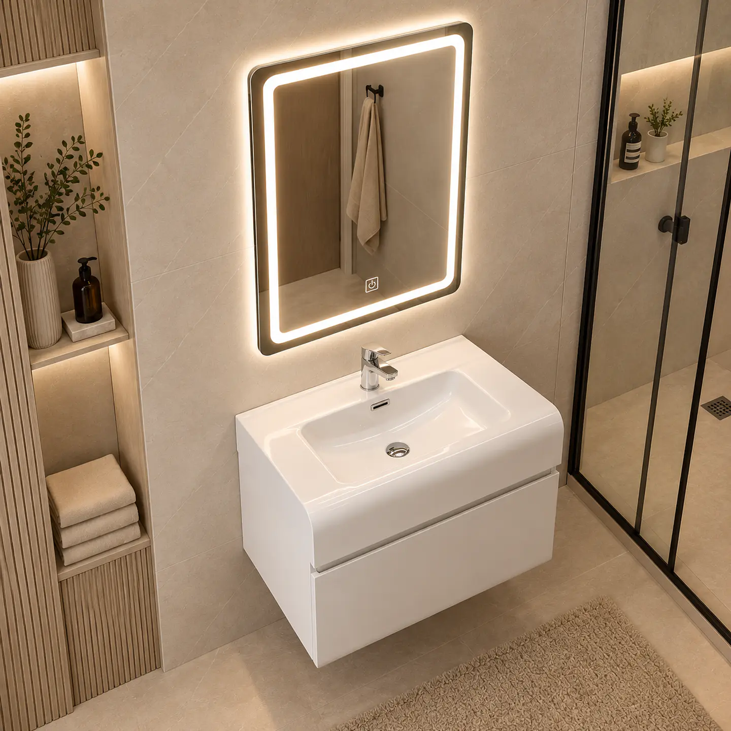 Vanitorio Flotante Completo Blanco 60 cm Con Espejo LED 3