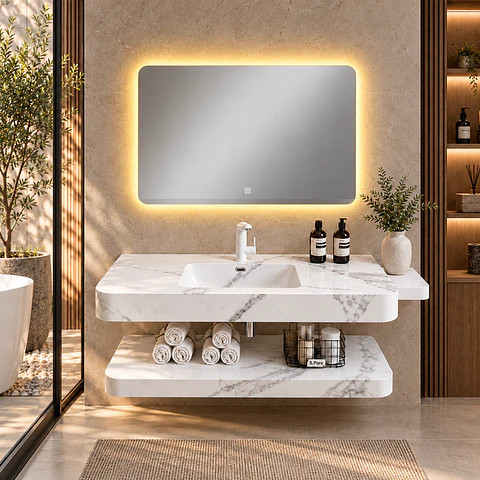 Vanitorio Flotante con Espejo LED | Lavamanos Integrado | Diseño Mármol Blanco