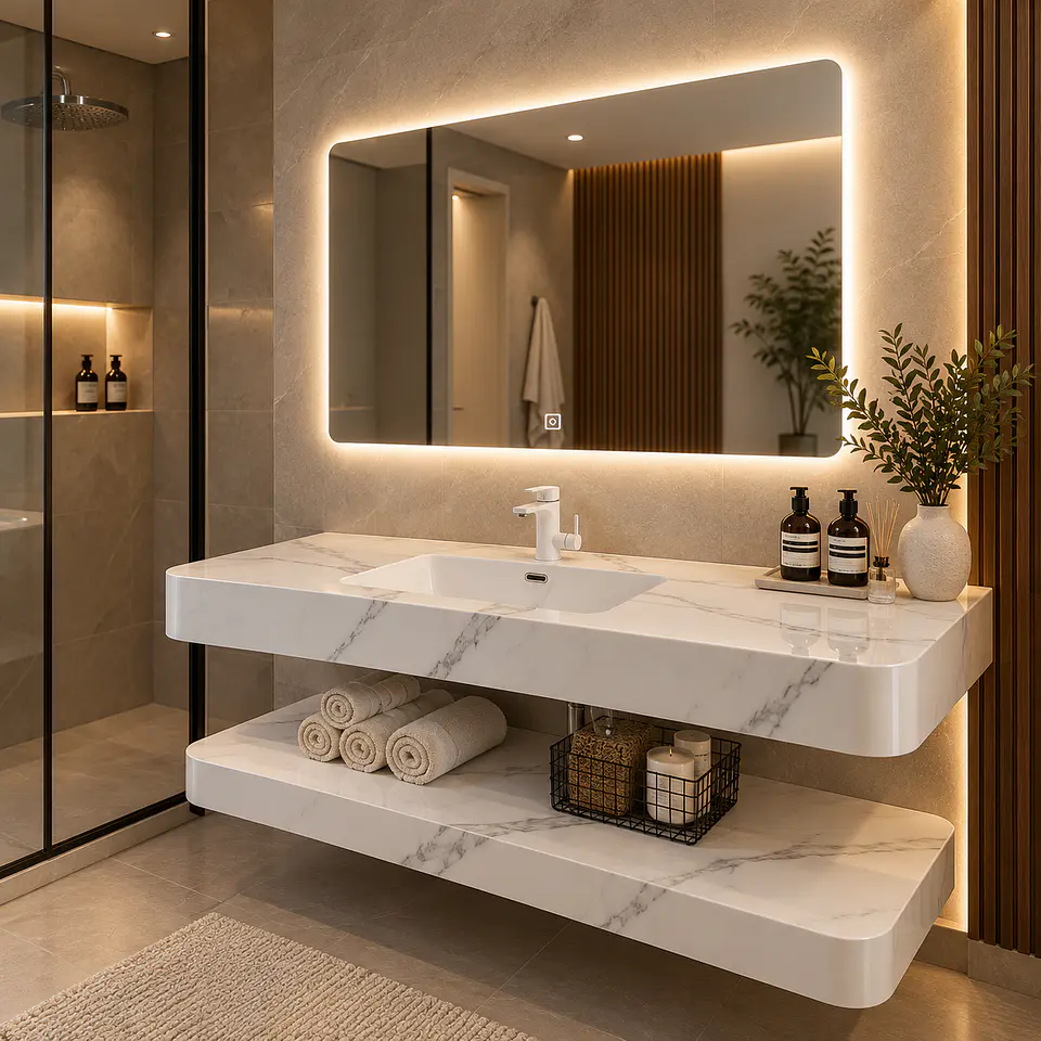 Vanitorio Flotante con Espejo LED | Lavamanos Integrado | Diseño Mármol Blanco 5