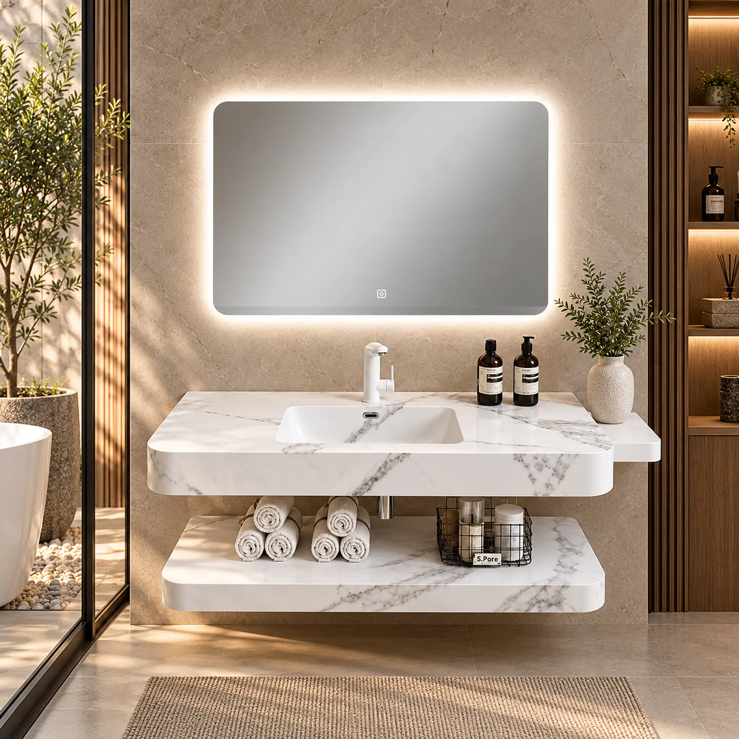 Vanitorio Flotante con Espejo LED | Lavamanos Integrado | Diseño Mármol Blanco 2