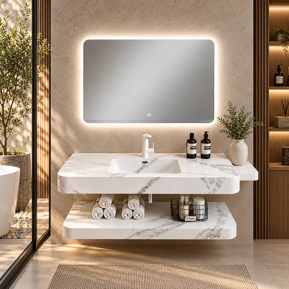 Vanitorio Flotante con Espejo LED | Lavamanos Integrado | Diseño Mármol Blanco 2