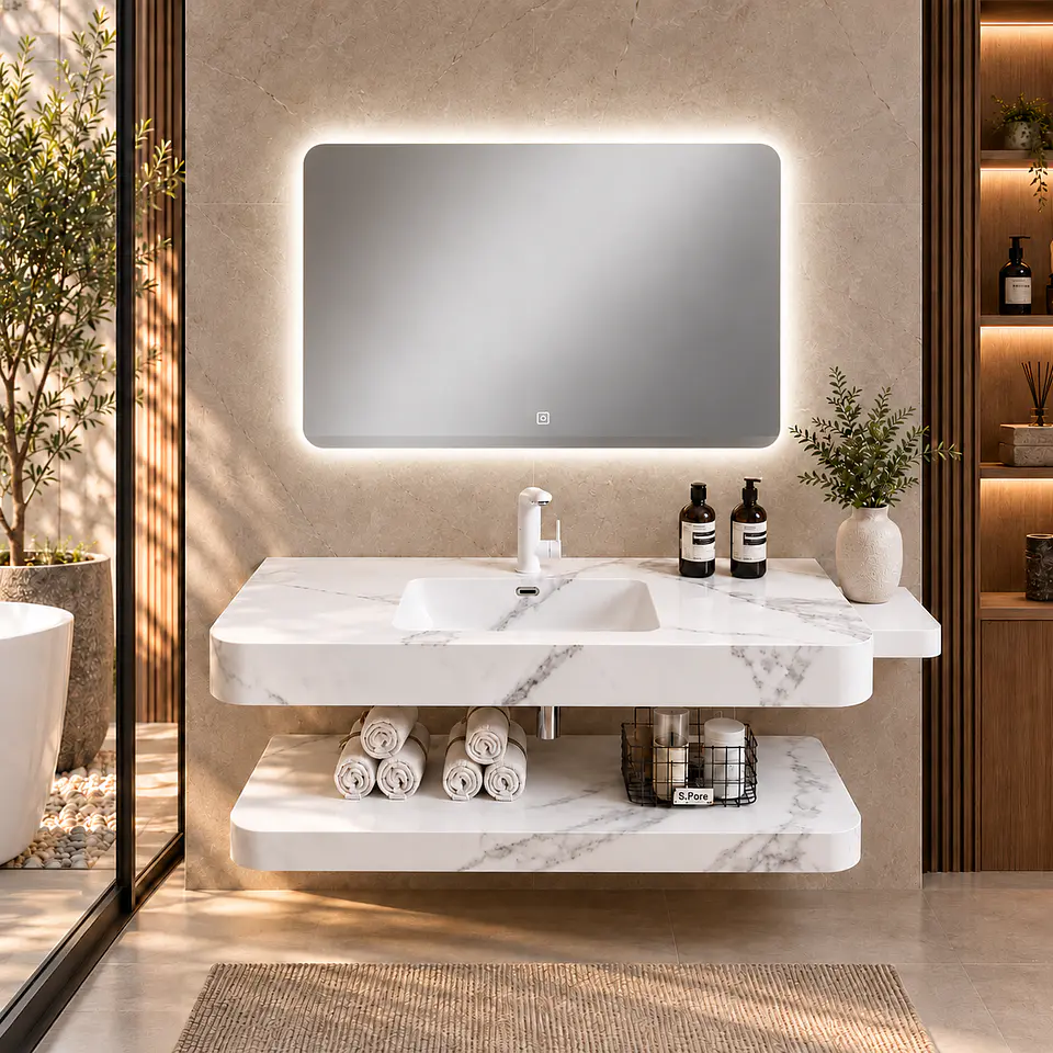 Vanitorio Flotante con Espejo LED | Lavamanos Integrado | Diseño Mármol Blanco 3