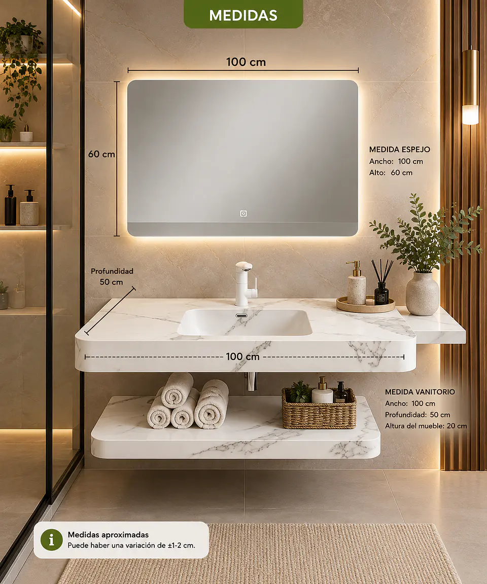 Vanitorio Flotante con Espejo LED | Lavamanos Integrado | Diseño Mármol Blanco 4
