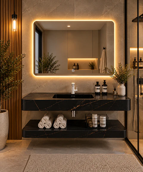 Vanitorio Flotante con Espejo LED | Lavamanos Integrado | Diseño Mármol Negro