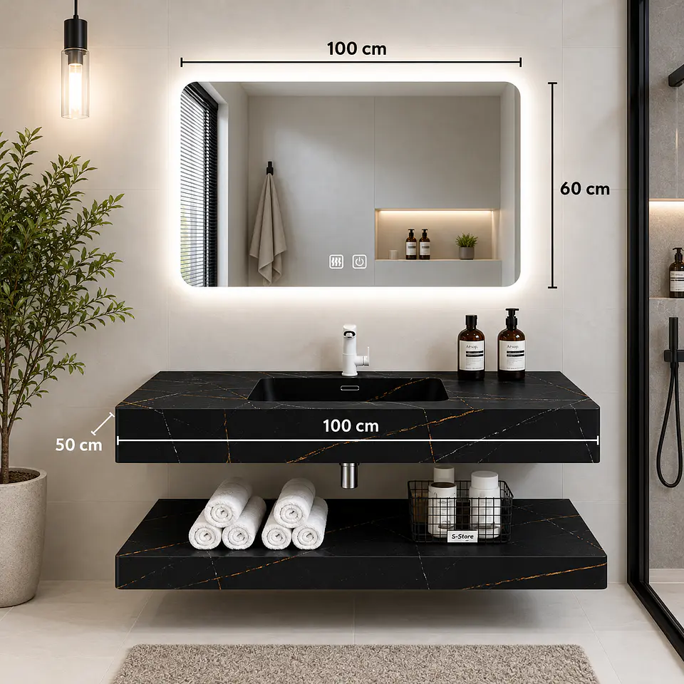 Vanitorio Flotante con Espejo LED | Lavamanos Integrado | Diseño Mármol Negro 2