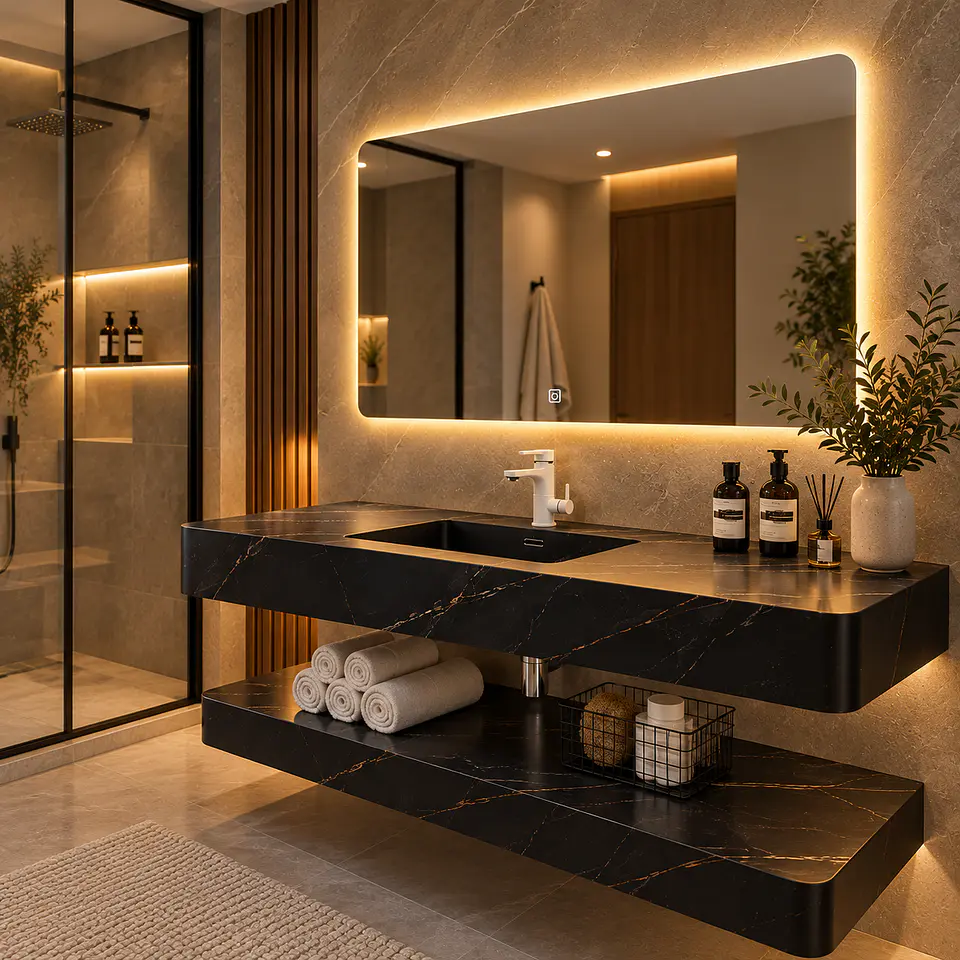Vanitorio Flotante con Espejo LED | Lavamanos Integrado | Diseño Mármol Negro 4