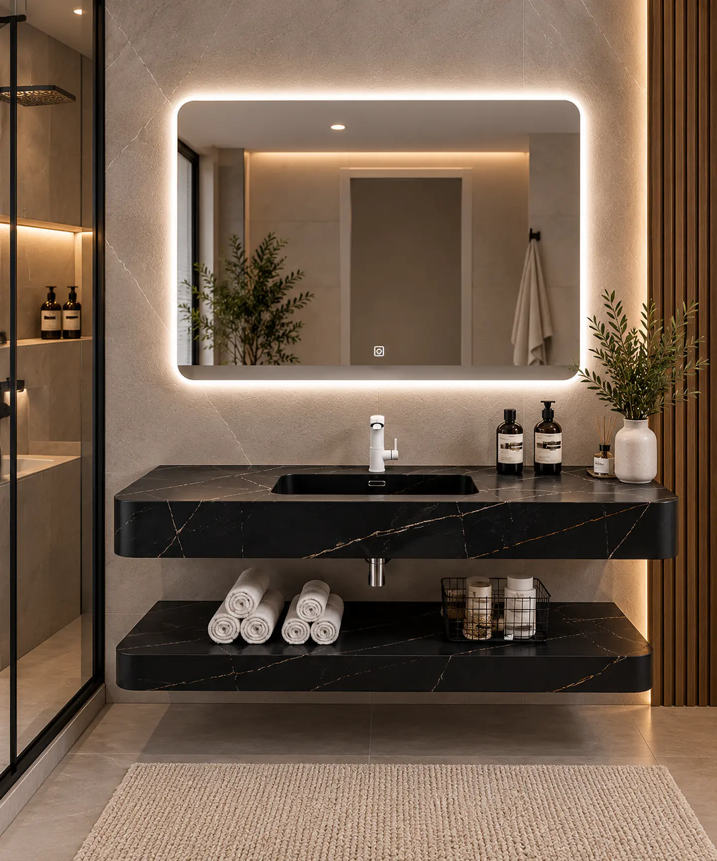 Vanitorio Flotante con Espejo LED | Lavamanos Integrado | Diseño Mármol Negro 5