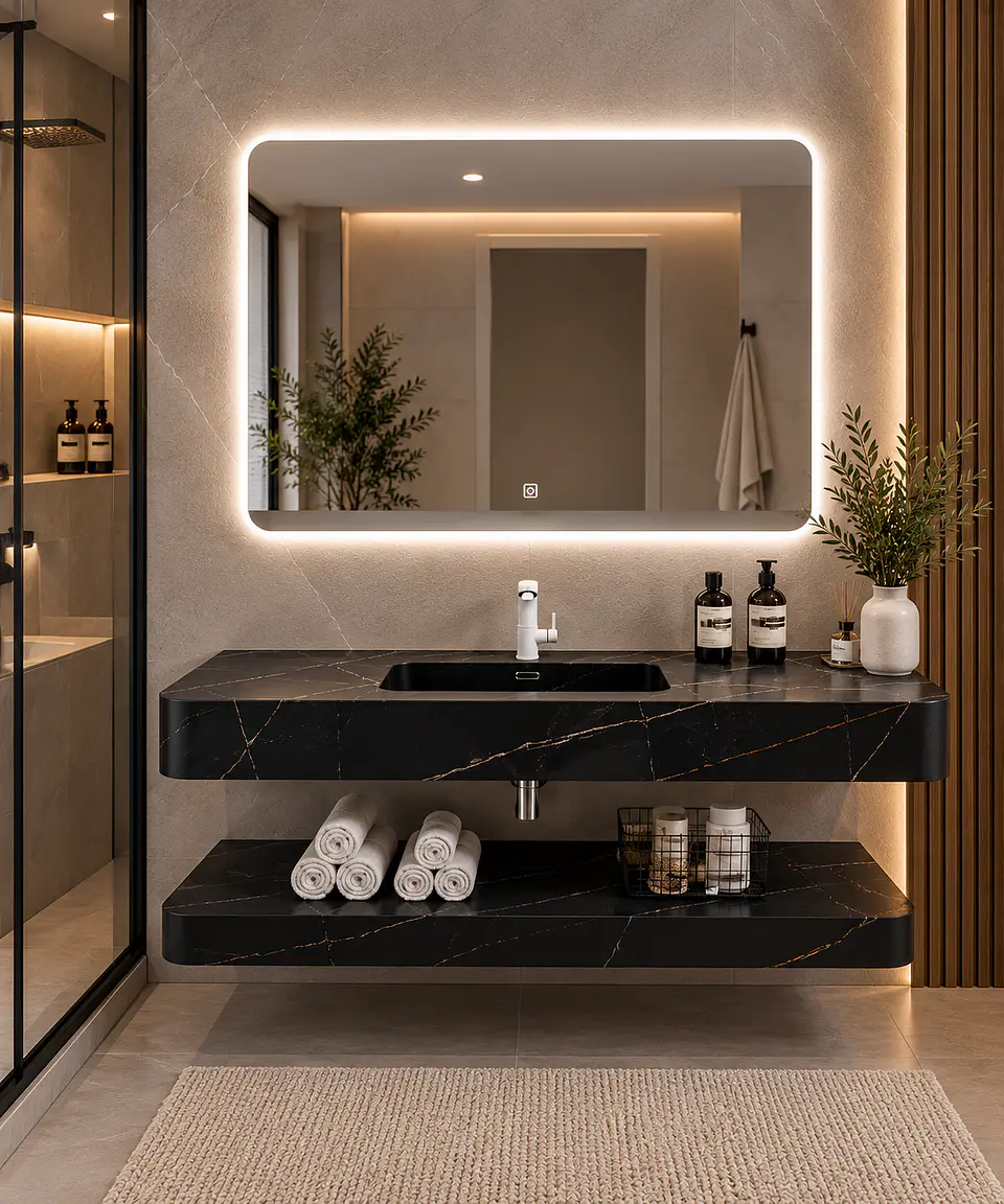Vanitorio Flotante con Espejo LED | Lavamanos Integrado | Diseño Mármol Negro 5