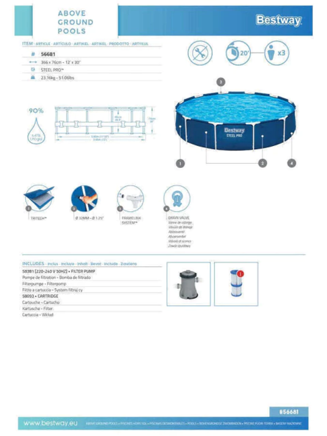 Piscina Bestway Redonda Steel Pro con filtro 3.66MX76Cm Azul 3