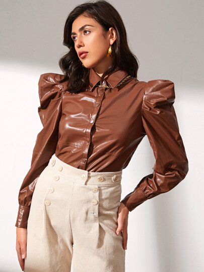 Blusa Cuerina Café Hombreras