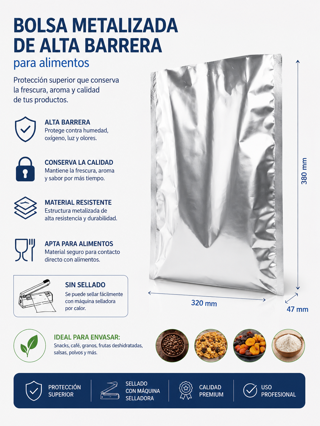 Bolsa Metalizada para Alimentos 320 x 380 + 47 mm (50 Unidades) 1