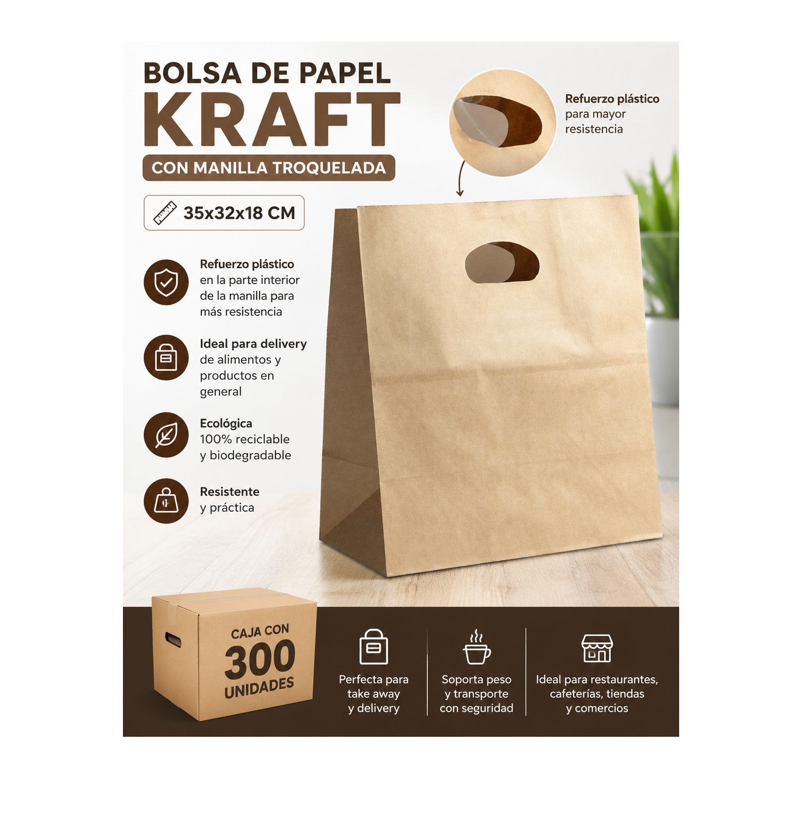 Bolsa de Papel Kraft con Manilla Troquelada 35x32x18 cm (Caja 300 Unidades) 1