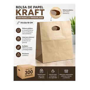 Bolsa de Papel Kraft con Manilla Troquelada 35x32x18 cm (Caja 300 Unidades)