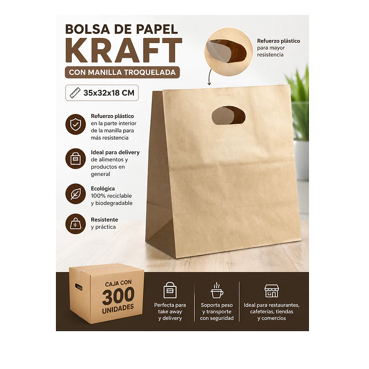 Bolsa de Papel Kraft con Manilla Troquelada 35x32x18 cm (Caja 300 Unidades) 1