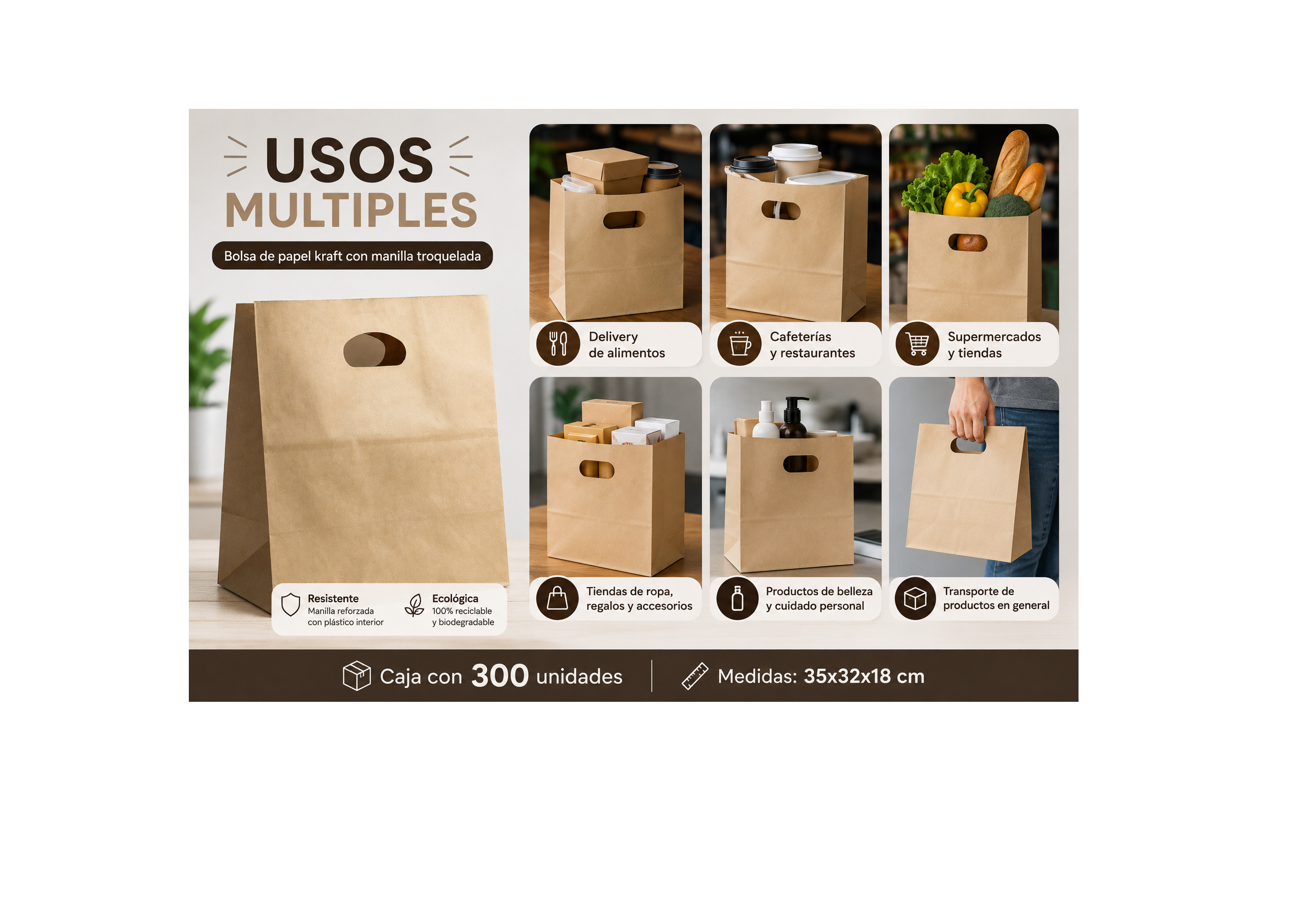 Bolsa de Papel Kraft con Manilla Troquelada 35x32x18 cm (Caja 300 Unidades) 2