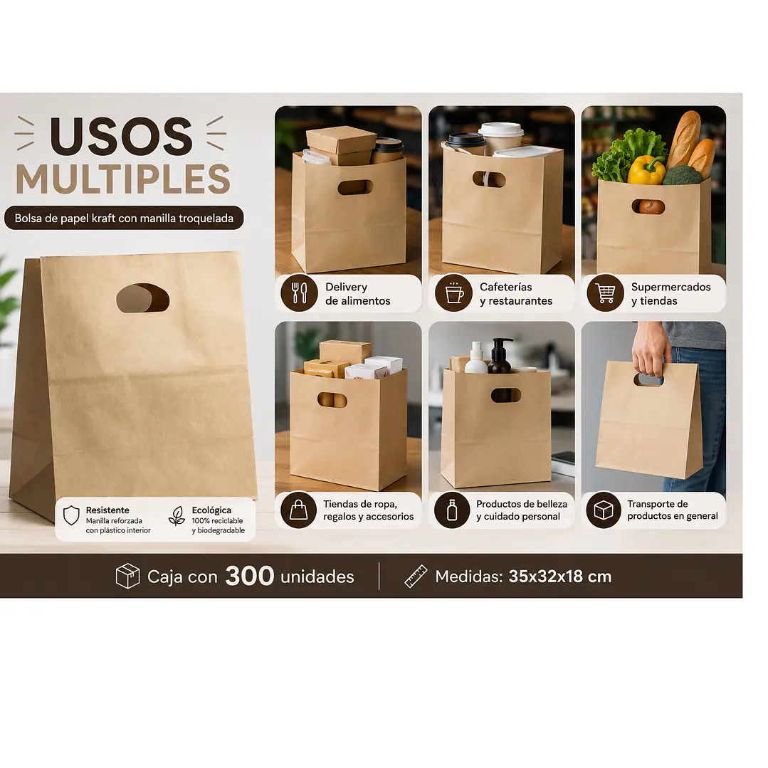 Bolsa de Papel Kraft con Manilla Troquelada 35x32x18 cm (Caja 300 Unidades) 2