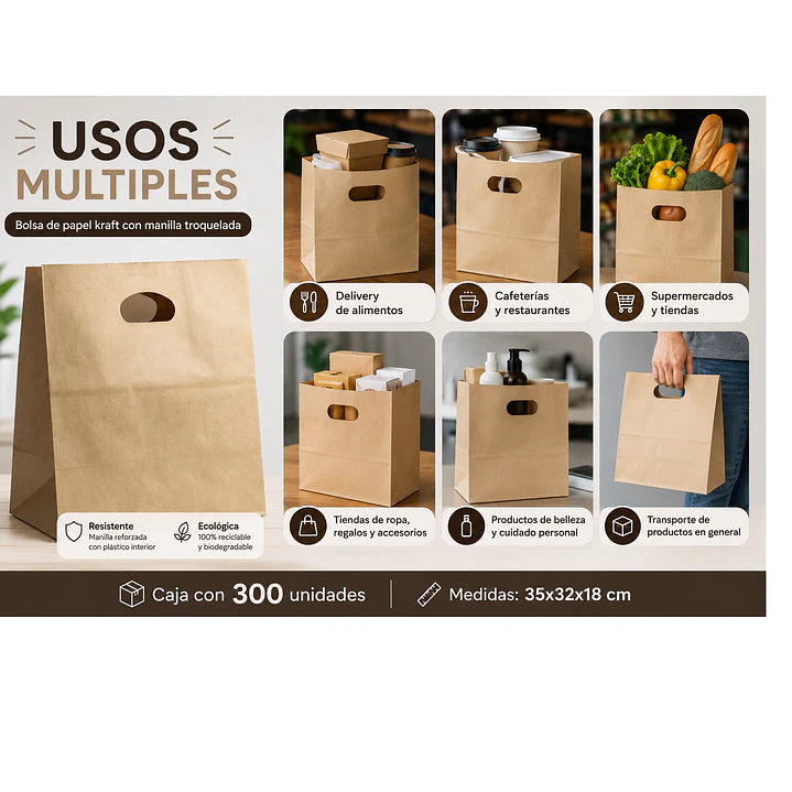 Bolsa de Papel Kraft con Manilla Troquelada 35x32x18 cm (Caja 300 Unidades) 2
