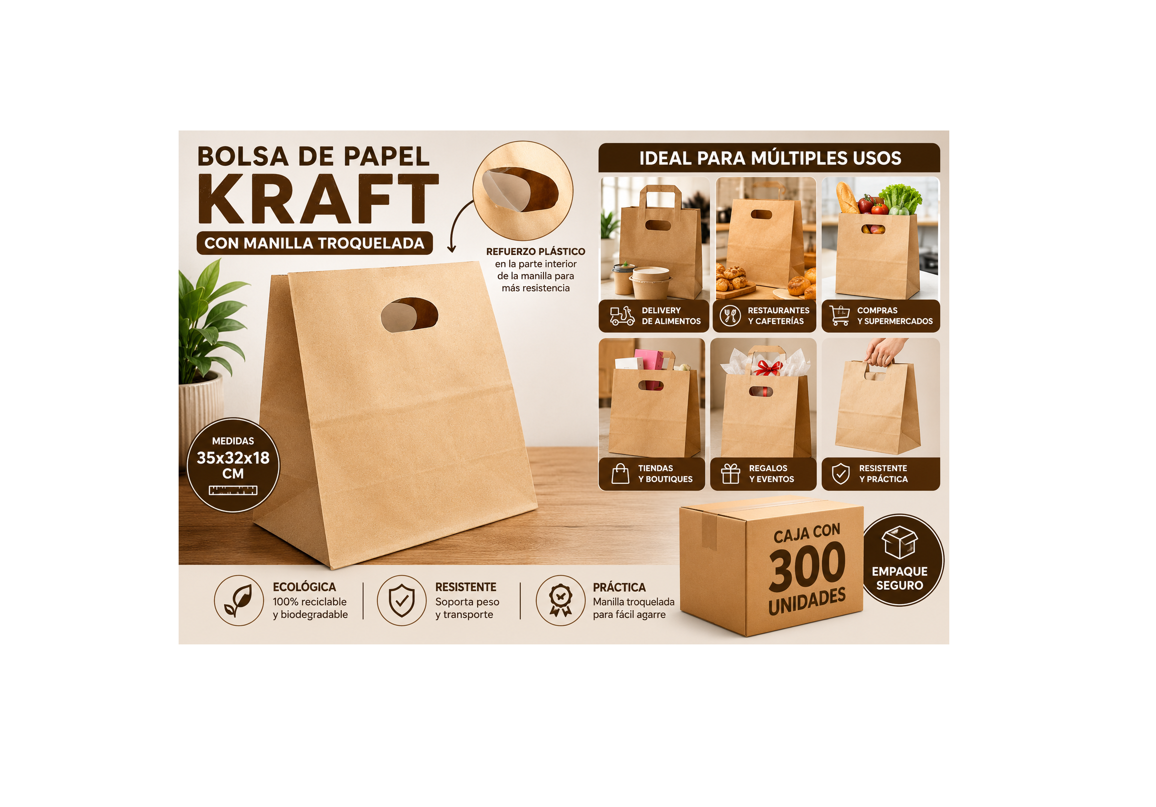Bolsa de Papel Kraft con Manilla Troquelada 35x32x18 cm (Caja 300 Unidades) 3