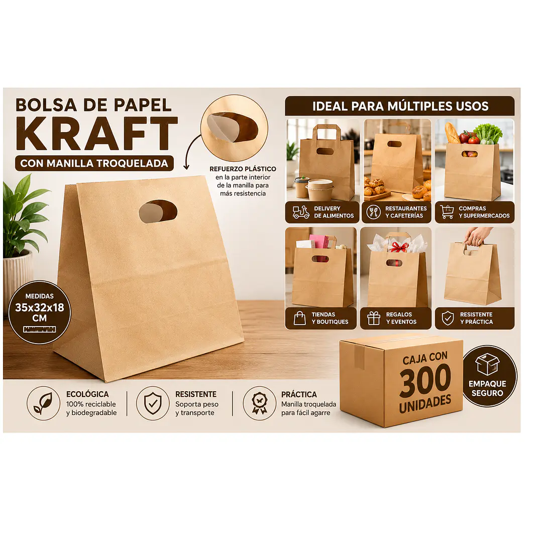 Bolsa de Papel Kraft con Manilla Troquelada 35x32x18 cm (Caja 300 Unidades) 3