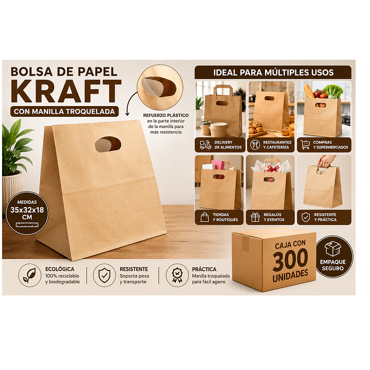 Bolsa de Papel Kraft con Manilla Troquelada 35x32x18 cm (Caja 300 Unidades) 3