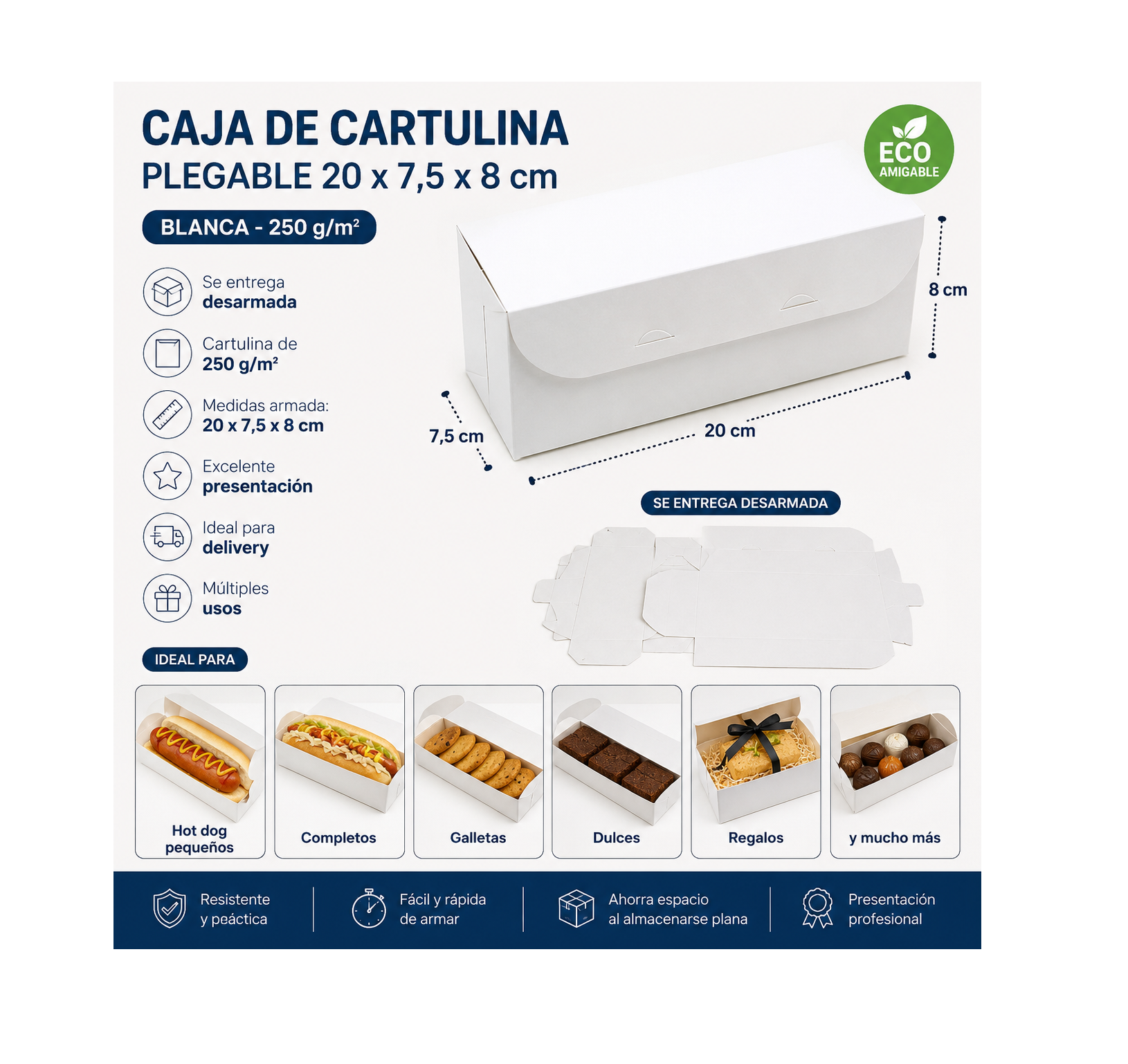 Caja Blanca Plegable 20 x 7.5 x 8 cm para Delivery, Regalos y Alimentos (100 Unidades) 1