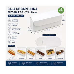 Caja Blanca Plegable 20 x 7.5 x 8 cm para Delivery, Regalos y Alimentos (100 Unidades)