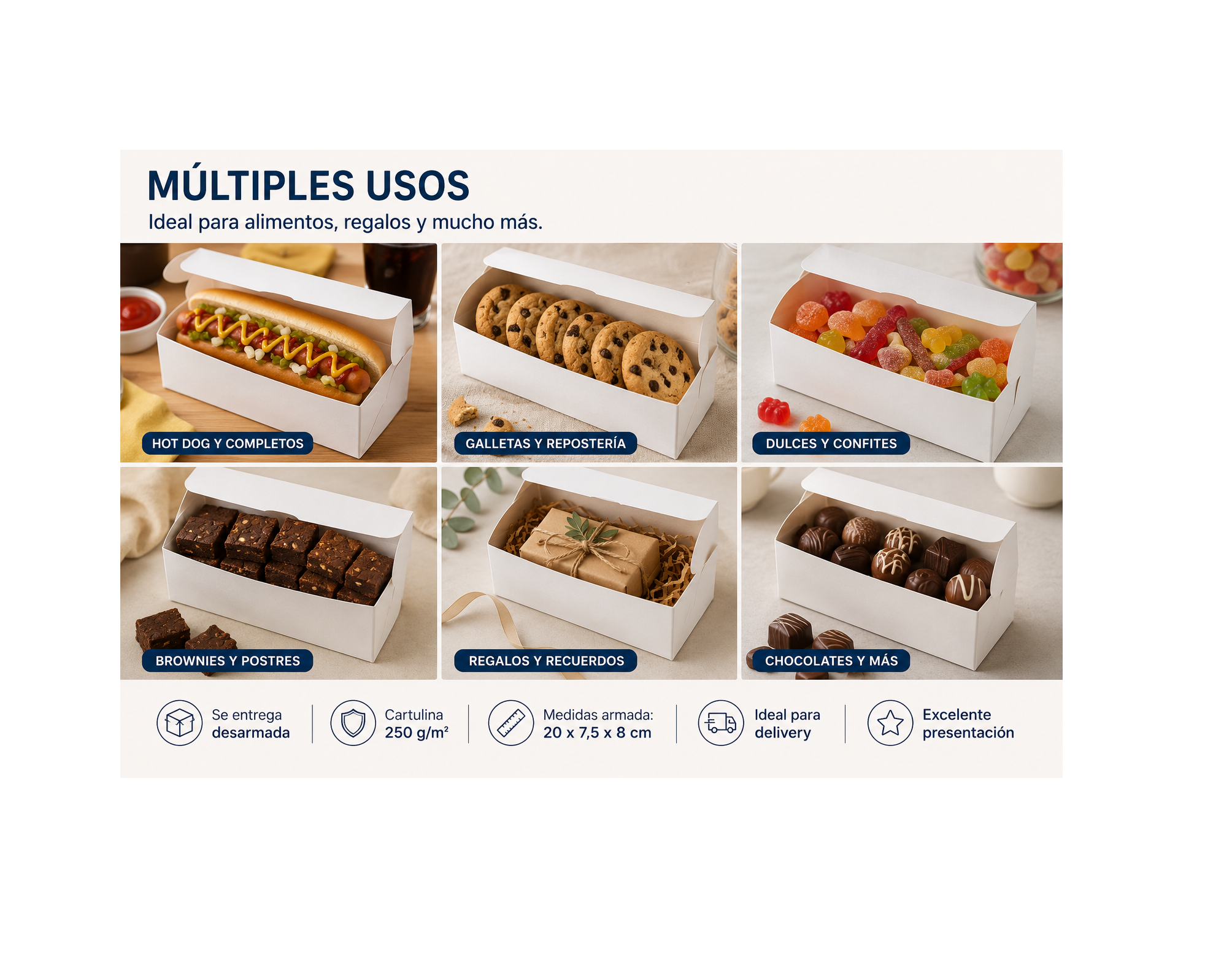 Caja Blanca Plegable 20 x 7.5 x 8 cm para Delivery, Regalos y Alimentos (100 Unidades) 2