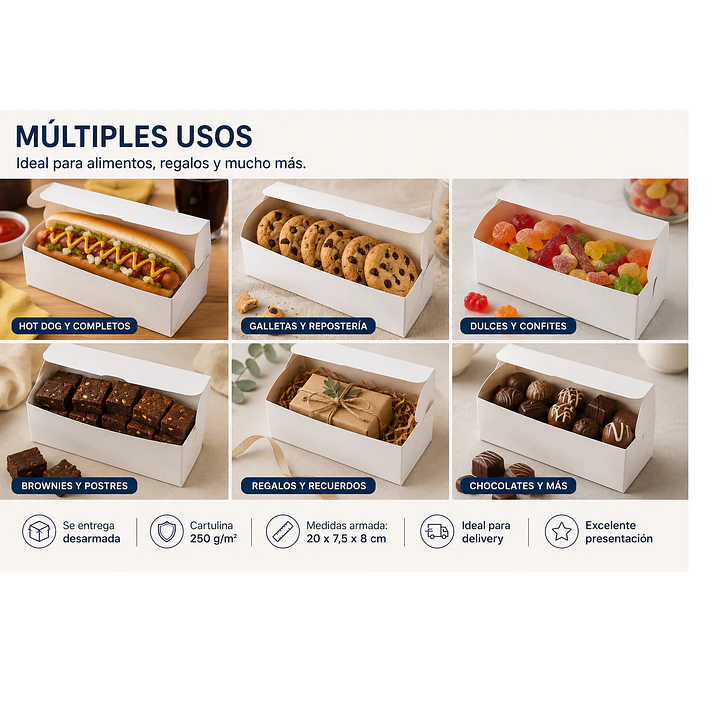Caja Blanca Plegable 20 x 7.5 x 8 cm para Delivery, Regalos y Alimentos (100 Unidades) 2