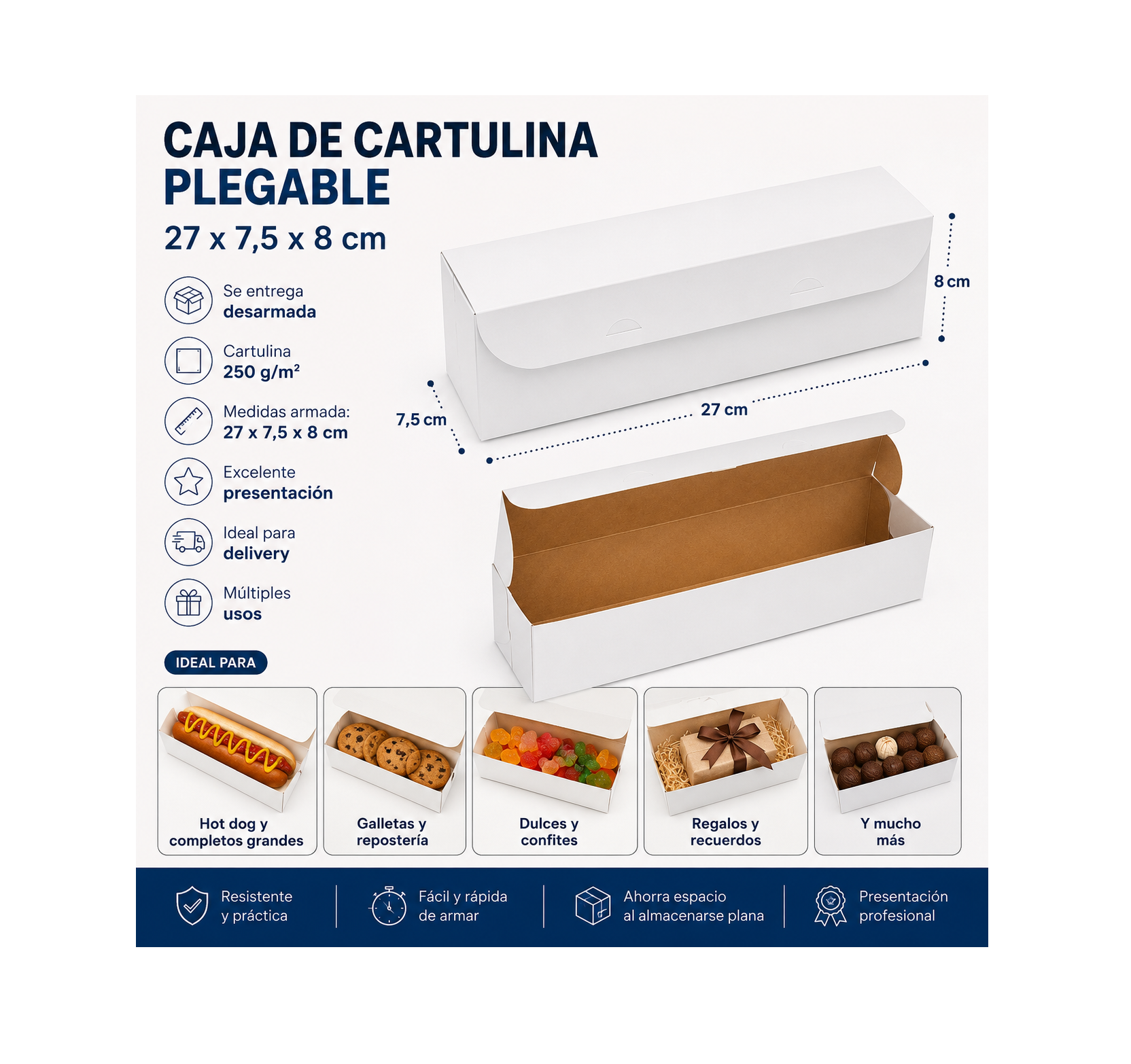Caja Blanca Plegable 27 x 7.5 x 8 cm para Delivery, Regalos y Alimentos (100 Unidades) 2